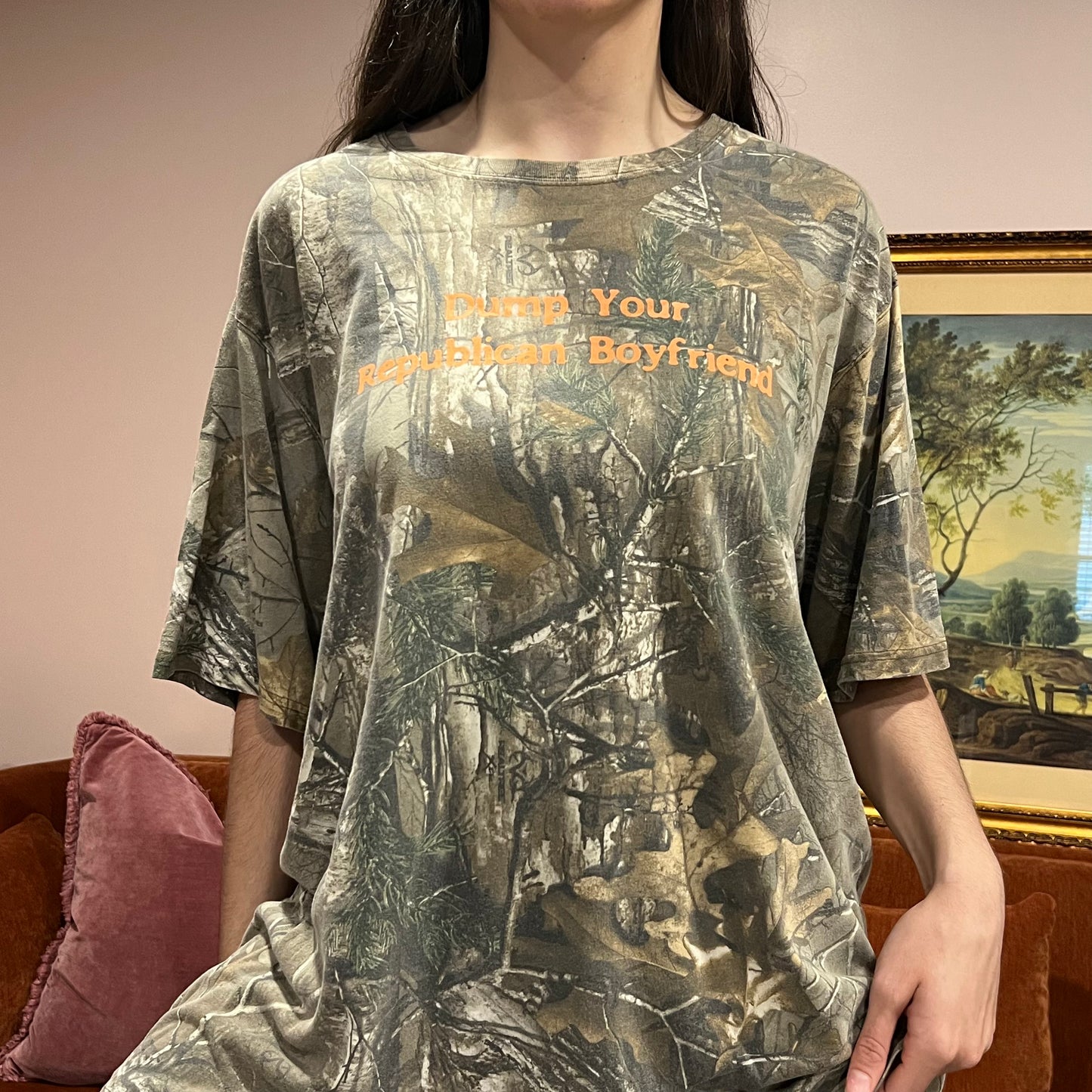 DUMP YOUR REPUBLICAN BOYFRIEND camo t-shirt with orange text (2XL)