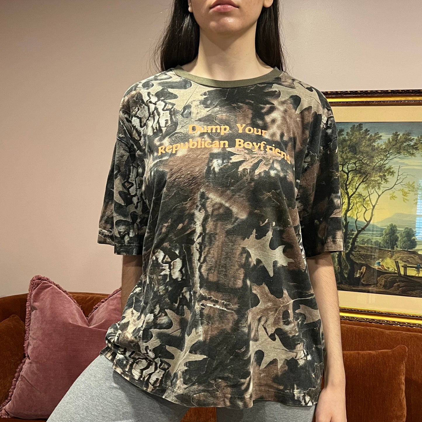 DUMP YOUR REPUBLICAN BOYFRIEND camo t-shirt with orange text (XL)