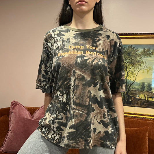DUMP YOUR REPUBLICAN BOYFRIEND camo t-shirt with orange text (XL)