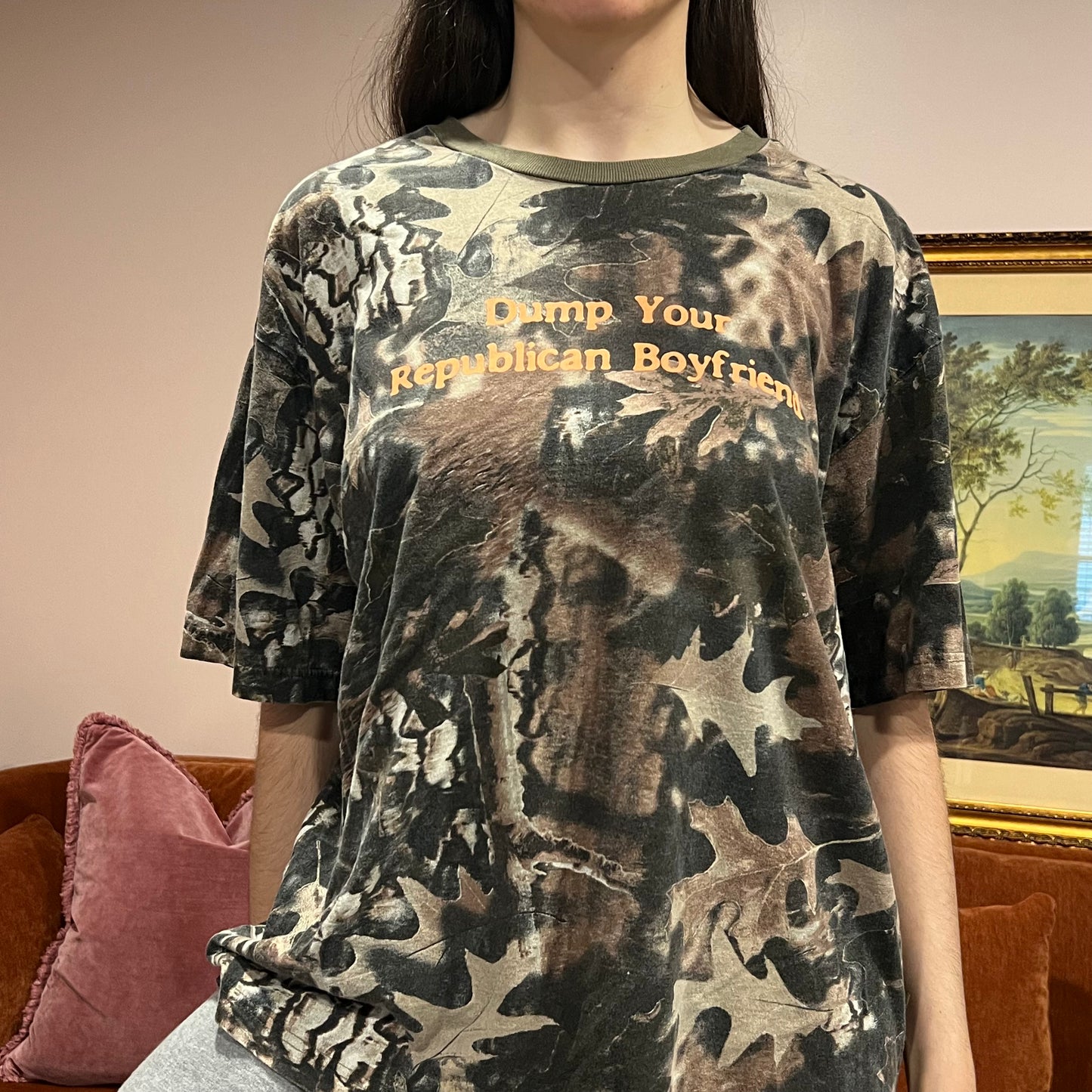DUMP YOUR REPUBLICAN BOYFRIEND camo t-shirt with orange text (XL)
