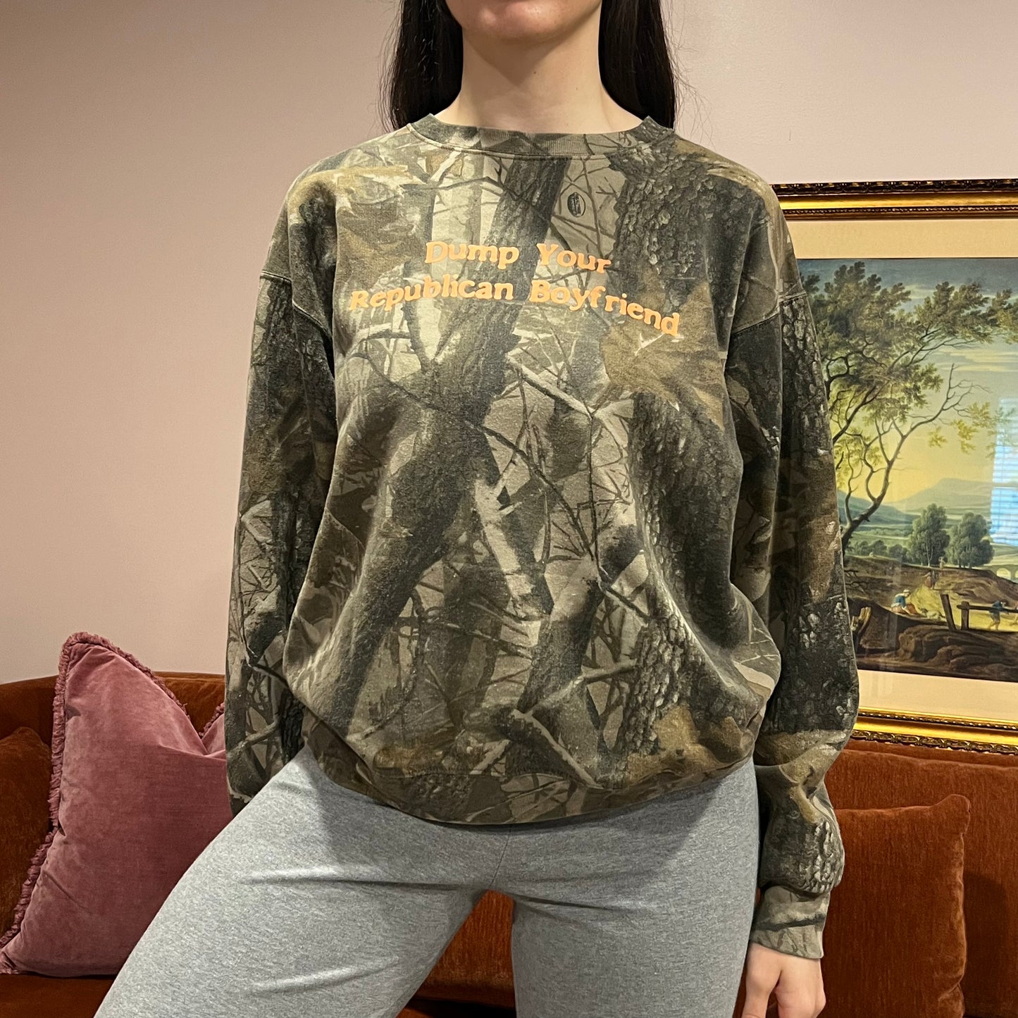 DUMP YOUR REPUBLICAN BOYFRIEND camo crewneck with orange text (L)