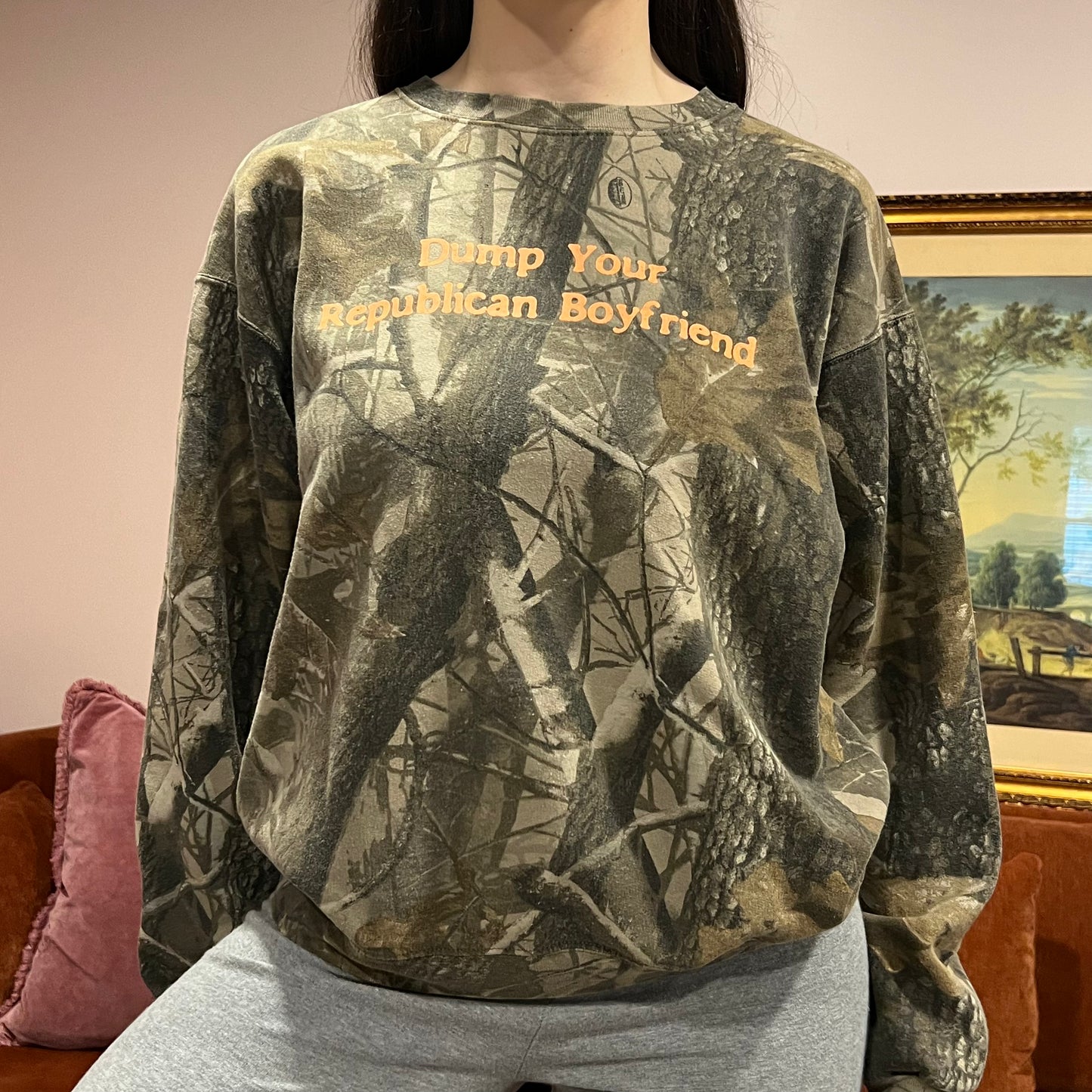 DUMP YOUR REPUBLICAN BOYFRIEND camo crewneck with orange text (L)