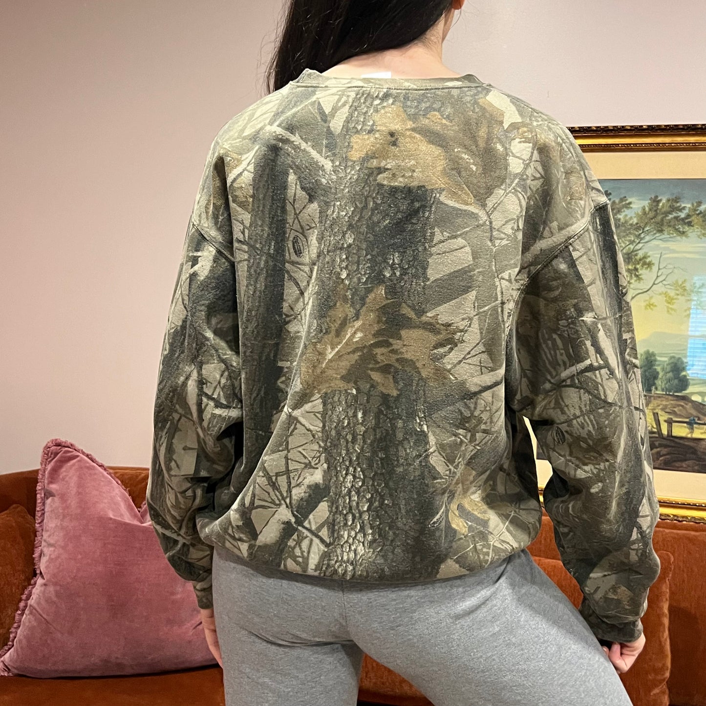 DUMP YOUR REPUBLICAN BOYFRIEND camo crewneck with orange text (L)