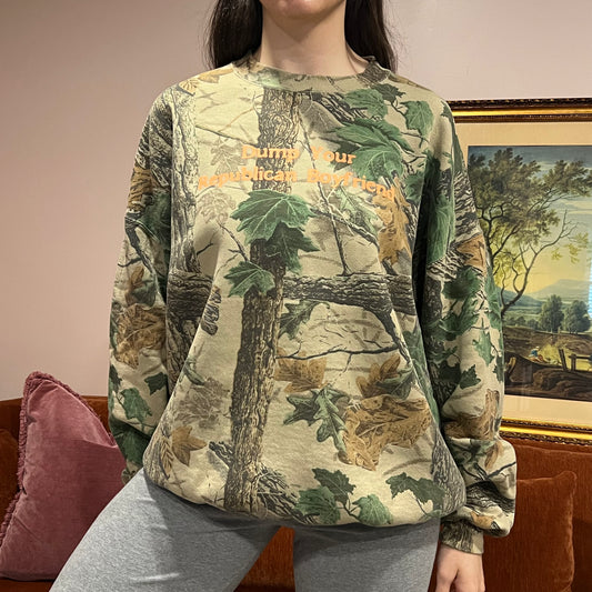 DUMP YOUR REPUBLICAN BOYFRIEND camo crewneck with orange text (3XL)