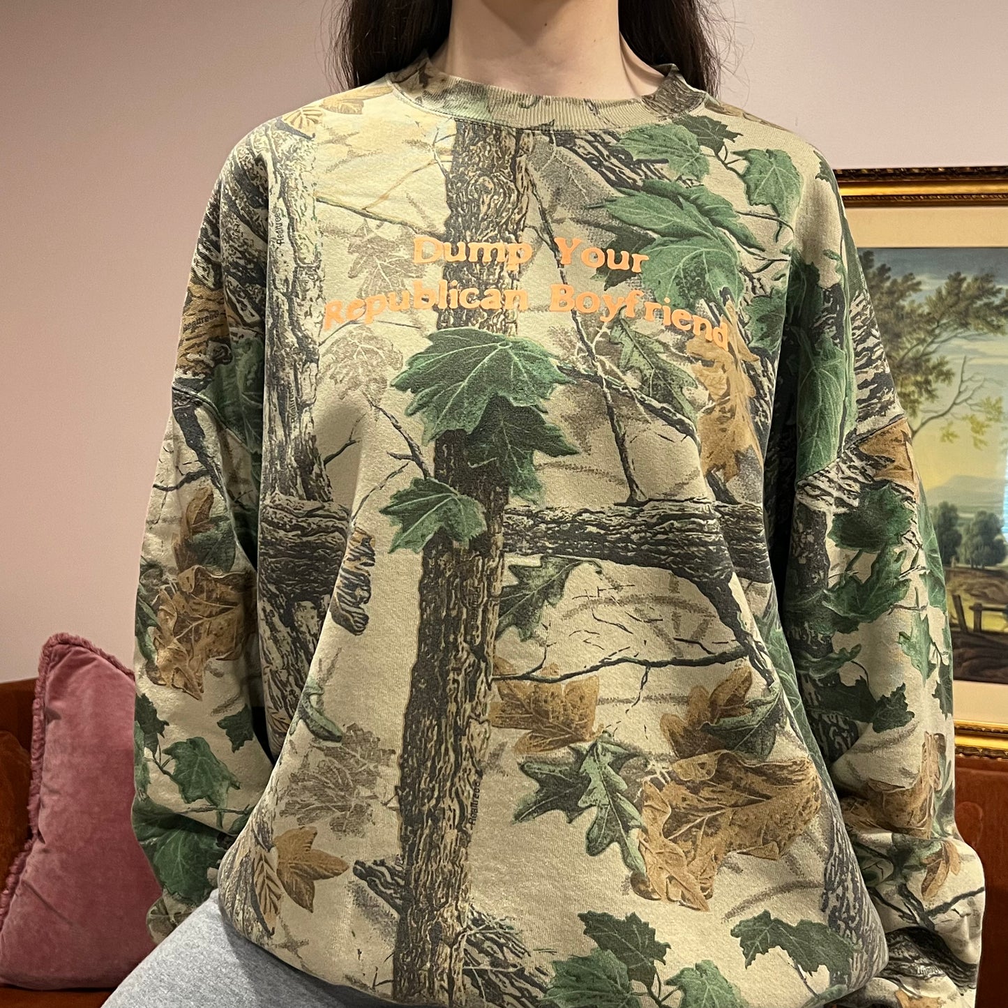 DUMP YOUR REPUBLICAN BOYFRIEND camo crewneck with orange text (3XL)