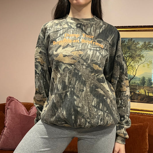 DUMP YOUR REPUBLICAN BOYFRIEND camo crewneck with orange text (XL)