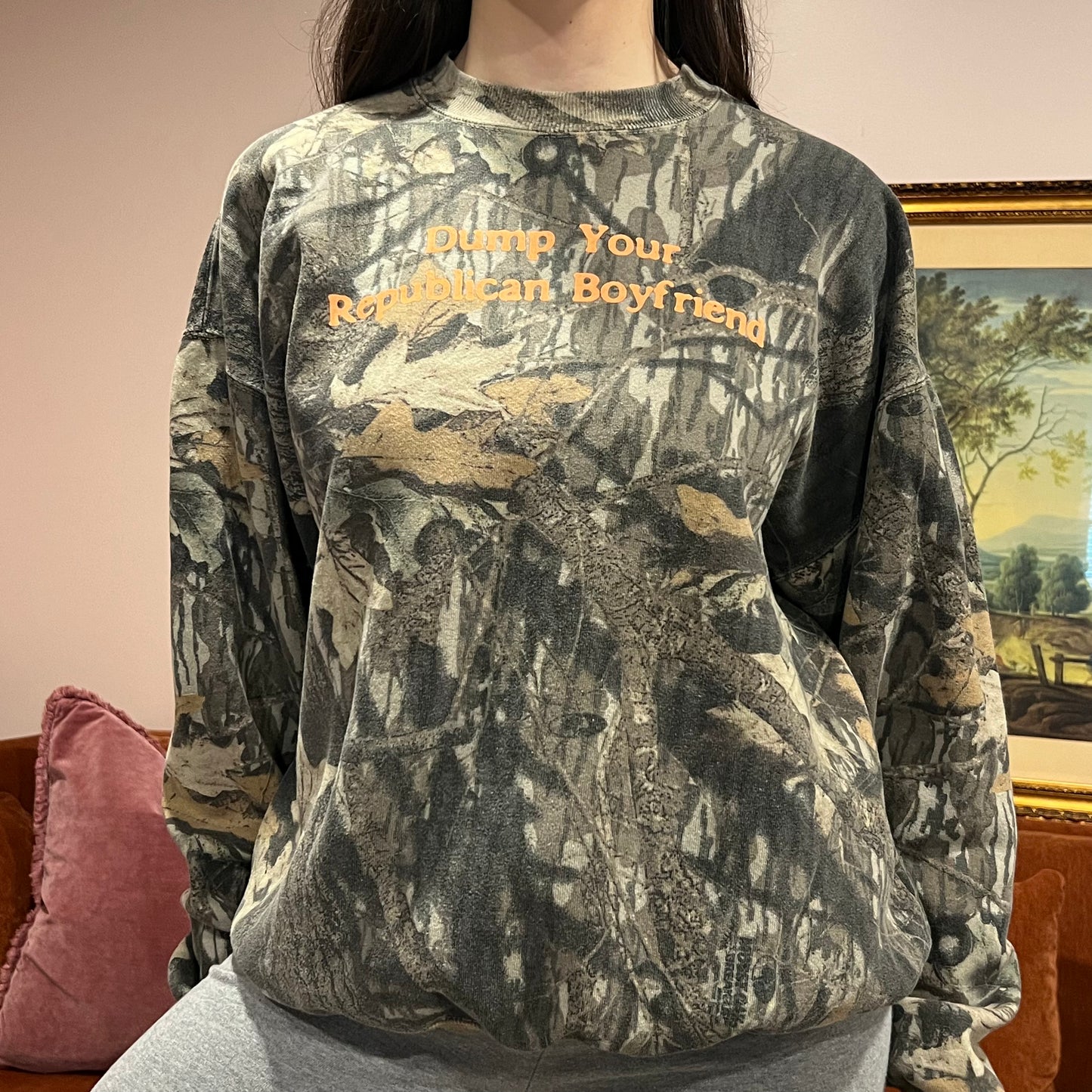 DUMP YOUR REPUBLICAN BOYFRIEND camo crewneck with orange text (XL)