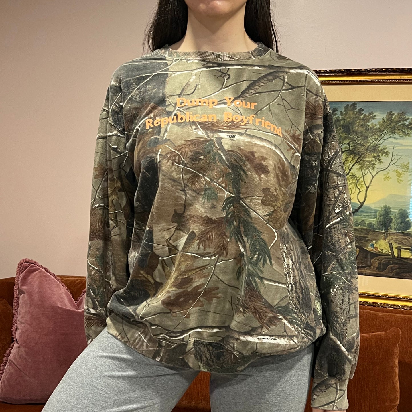 DUMP YOUR REPUBLICAN BOYFRIEND camo crewneck with orange text (XL)