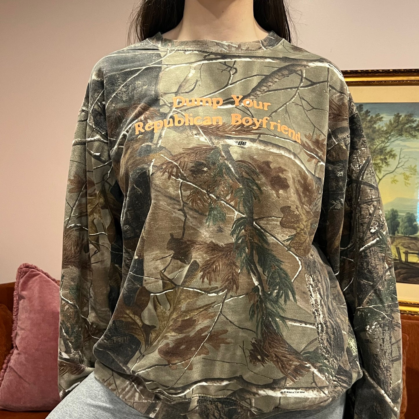 DUMP YOUR REPUBLICAN BOYFRIEND camo crewneck with orange text (XL)