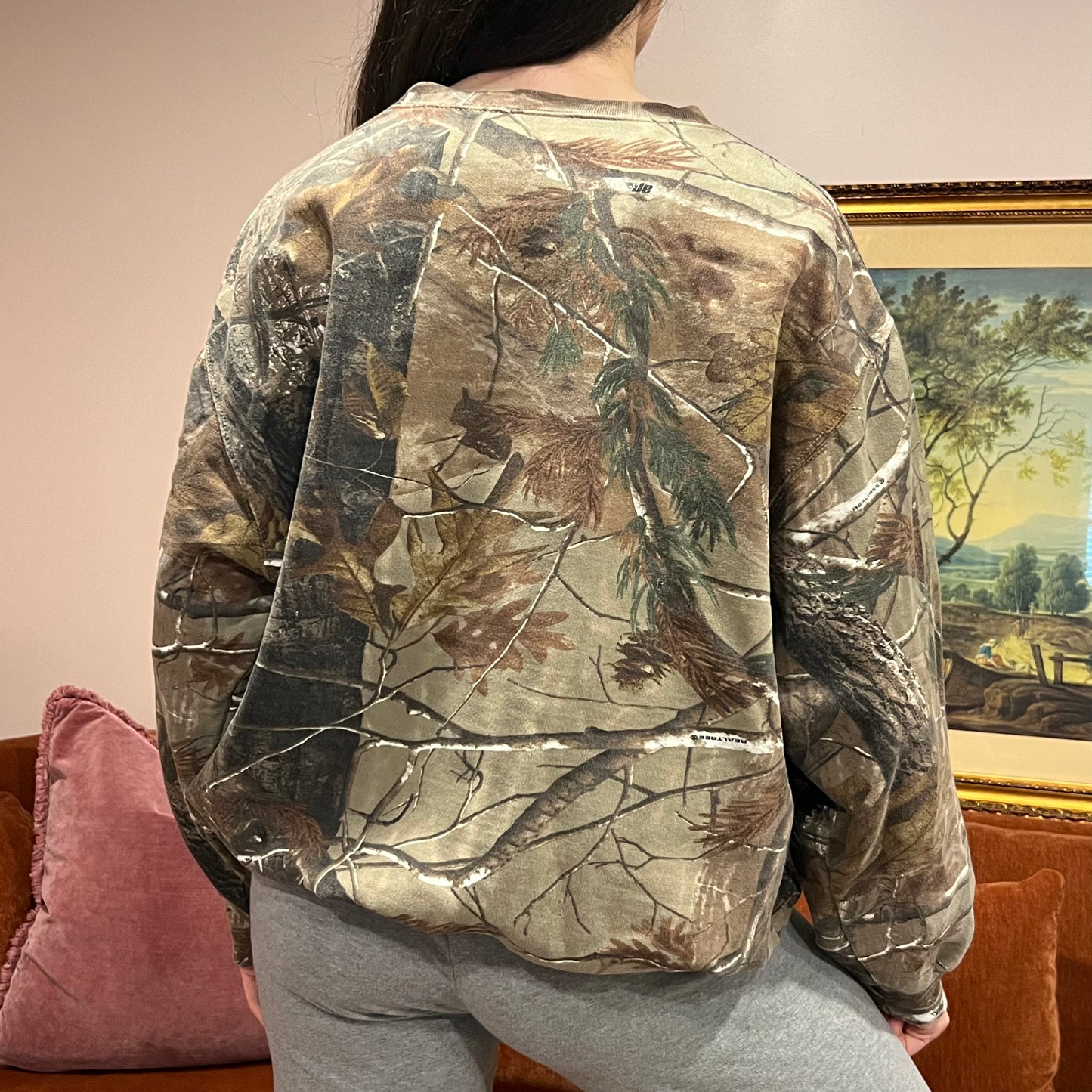 DUMP YOUR REPUBLICAN BOYFRIEND camo crewneck with orange text (XL)