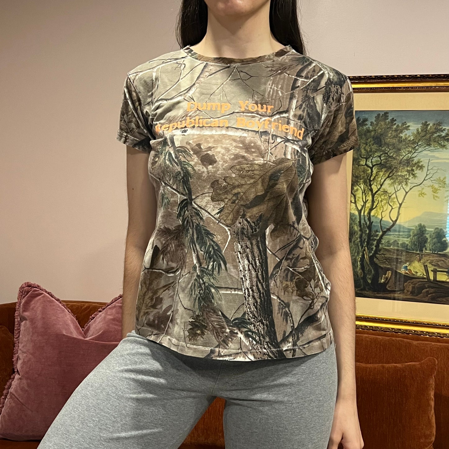 DUMP YOUR REPUBLICAN BOYFRIEND camo t-shirt with orange text (L)