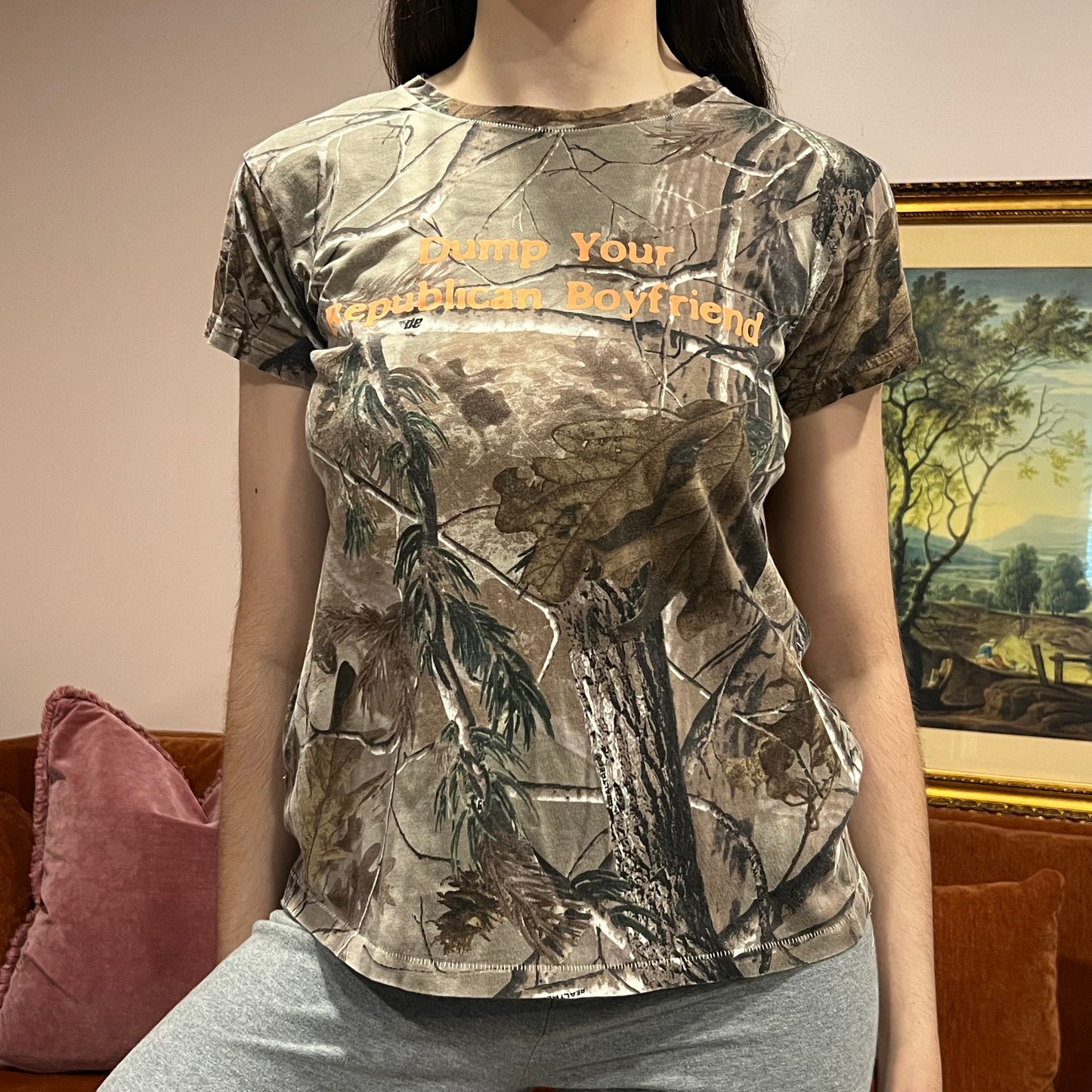 DUMP YOUR REPUBLICAN BOYFRIEND camo t-shirt with orange text (L)