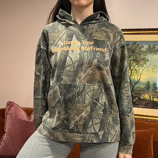 DUMP YOUR REPUBLICAN BOYFRIEND camo hoodie with orange text (L)