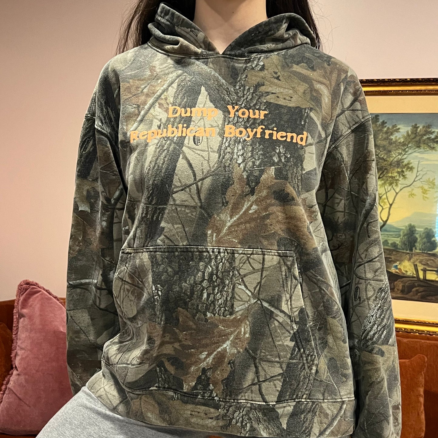 DUMP YOUR REPUBLICAN BOYFRIEND camo hoodie with orange text (L)