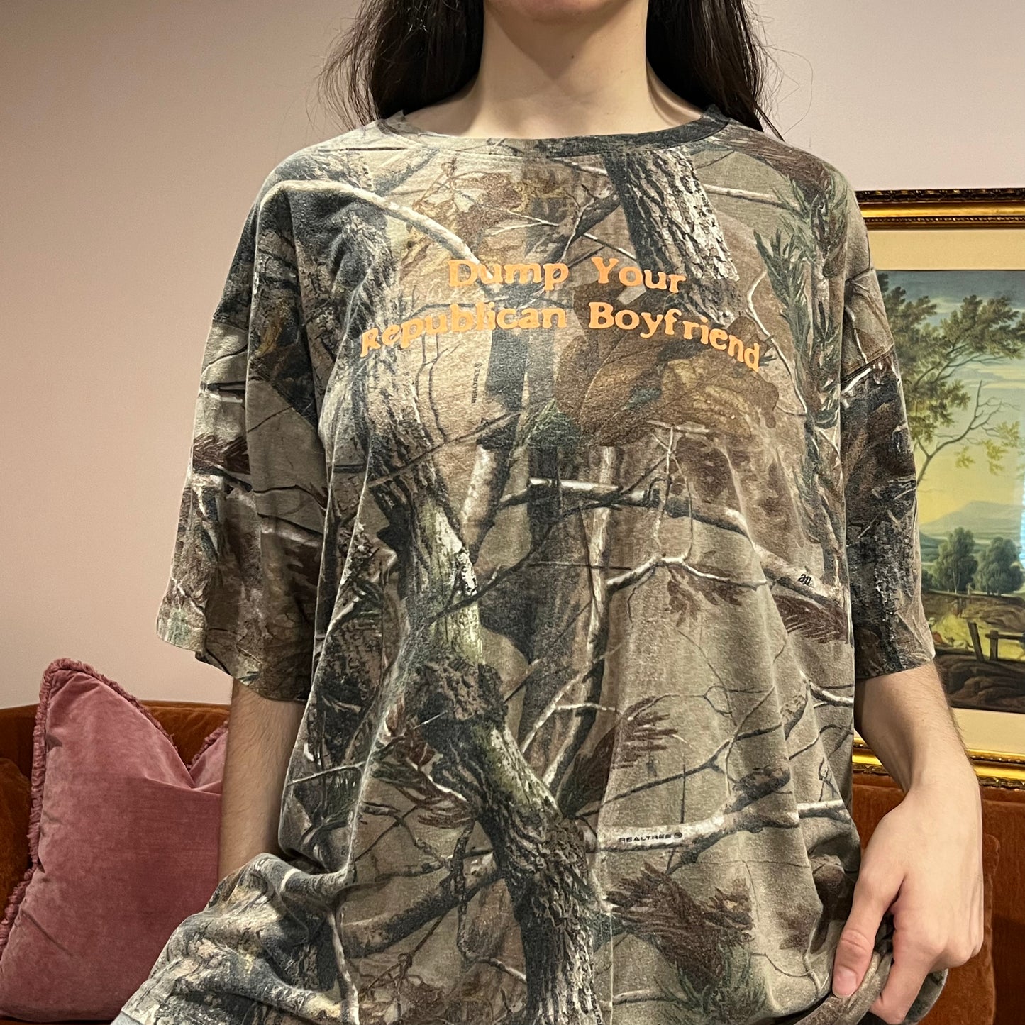 DUMP YOUR REPUBLICAN BOYFRIEND camo t-shirt with orange text (3XL)
