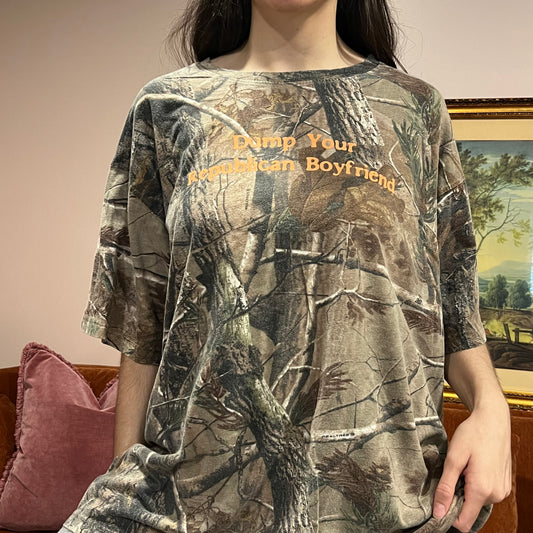 DUMP YOUR REPUBLICAN BOYFRIEND camo t-shirt with orange text (3XL)