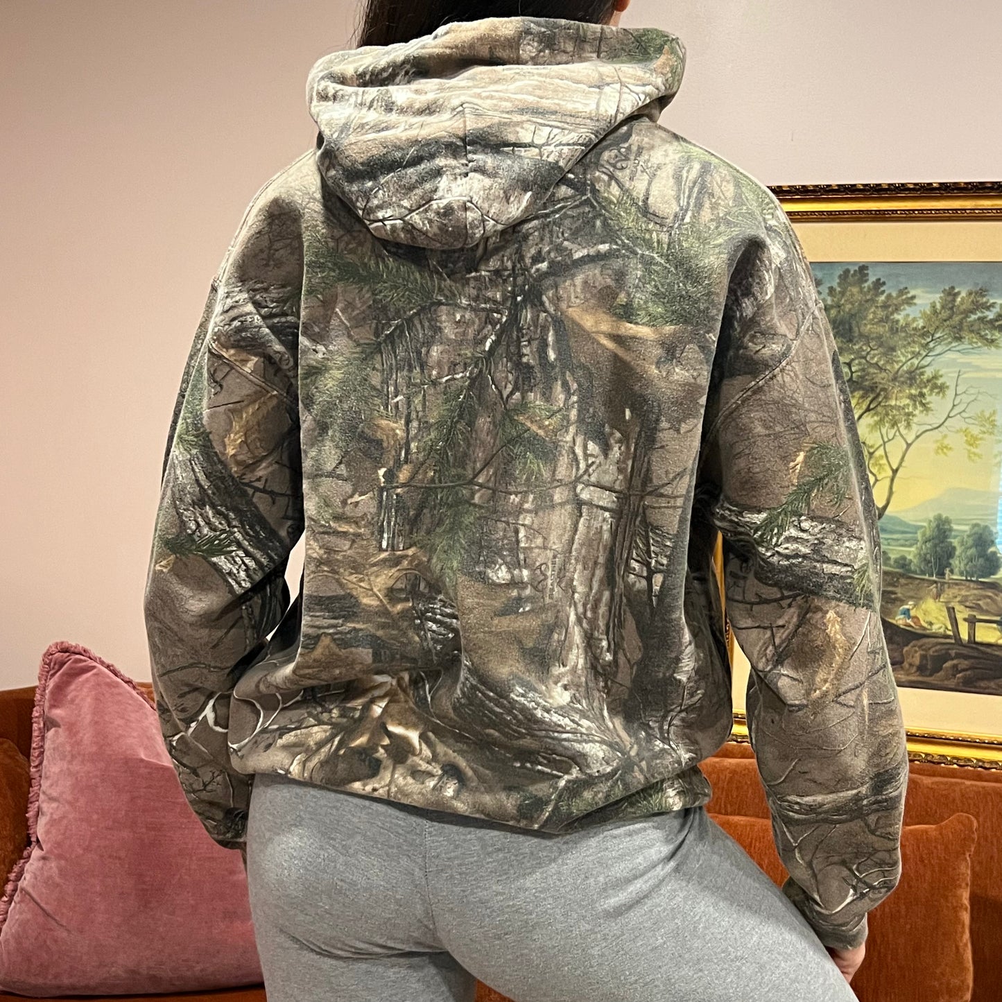 DUMP YOUR REPUBLICAN BOYFRIEND camo hoodie with orange text (M)