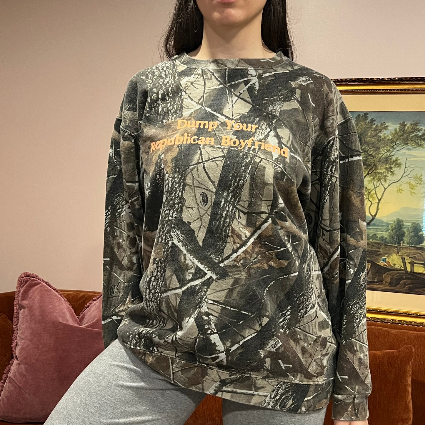 DUMP YOUR REPUBLICAN BOYFRIEND camo crewneck with orange text (L)