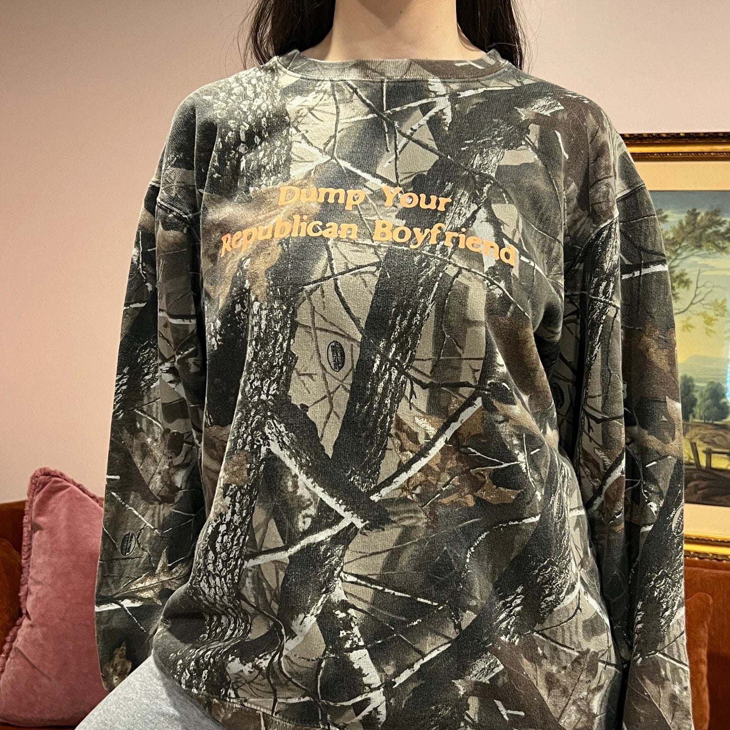 DUMP YOUR REPUBLICAN BOYFRIEND camo crewneck with orange text (L)