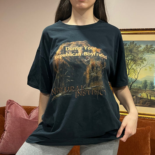 DUMP YOUR REPUBLICAN BOYFRIEND bear t-shirt with orange text (XL)
