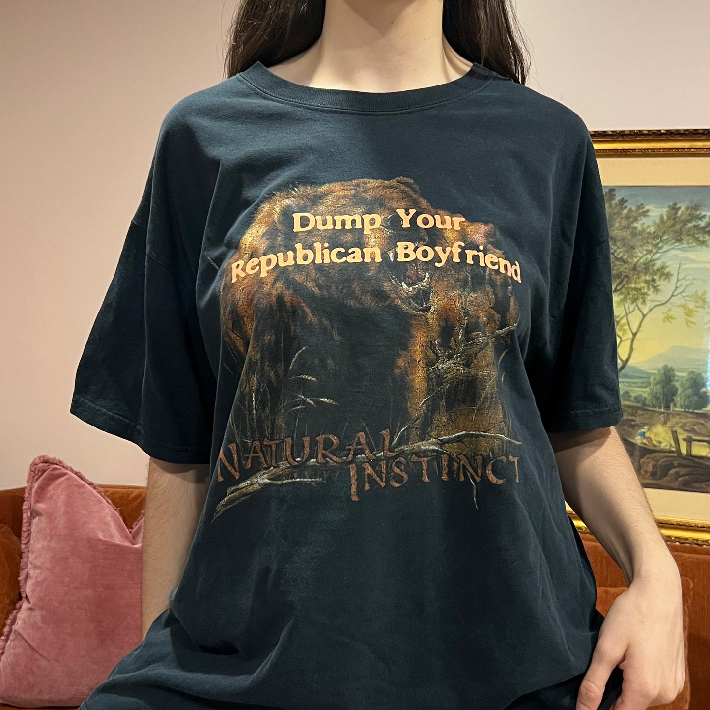 DUMP YOUR REPUBLICAN BOYFRIEND bear t-shirt with orange text (XL)