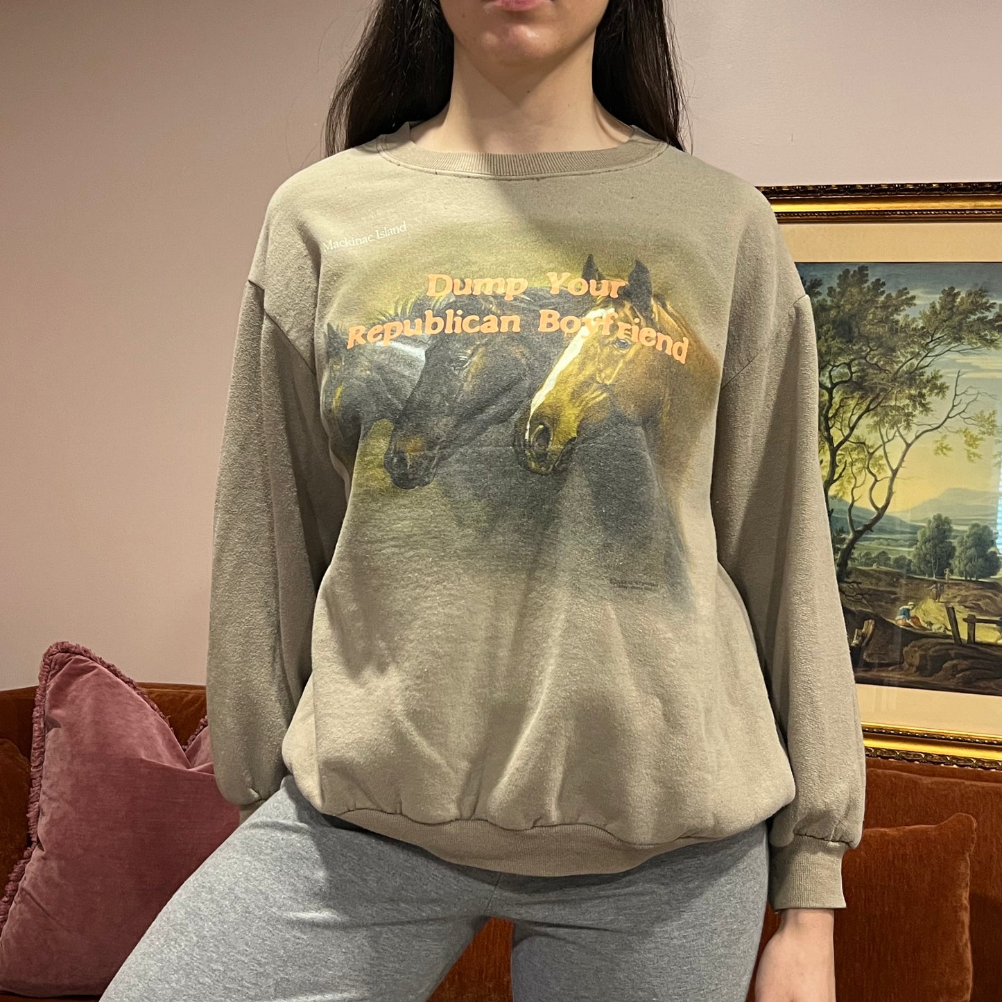 DUMP YOUR REPUBLICAN BOYFRIEND horse crewneck with orange text (XL)