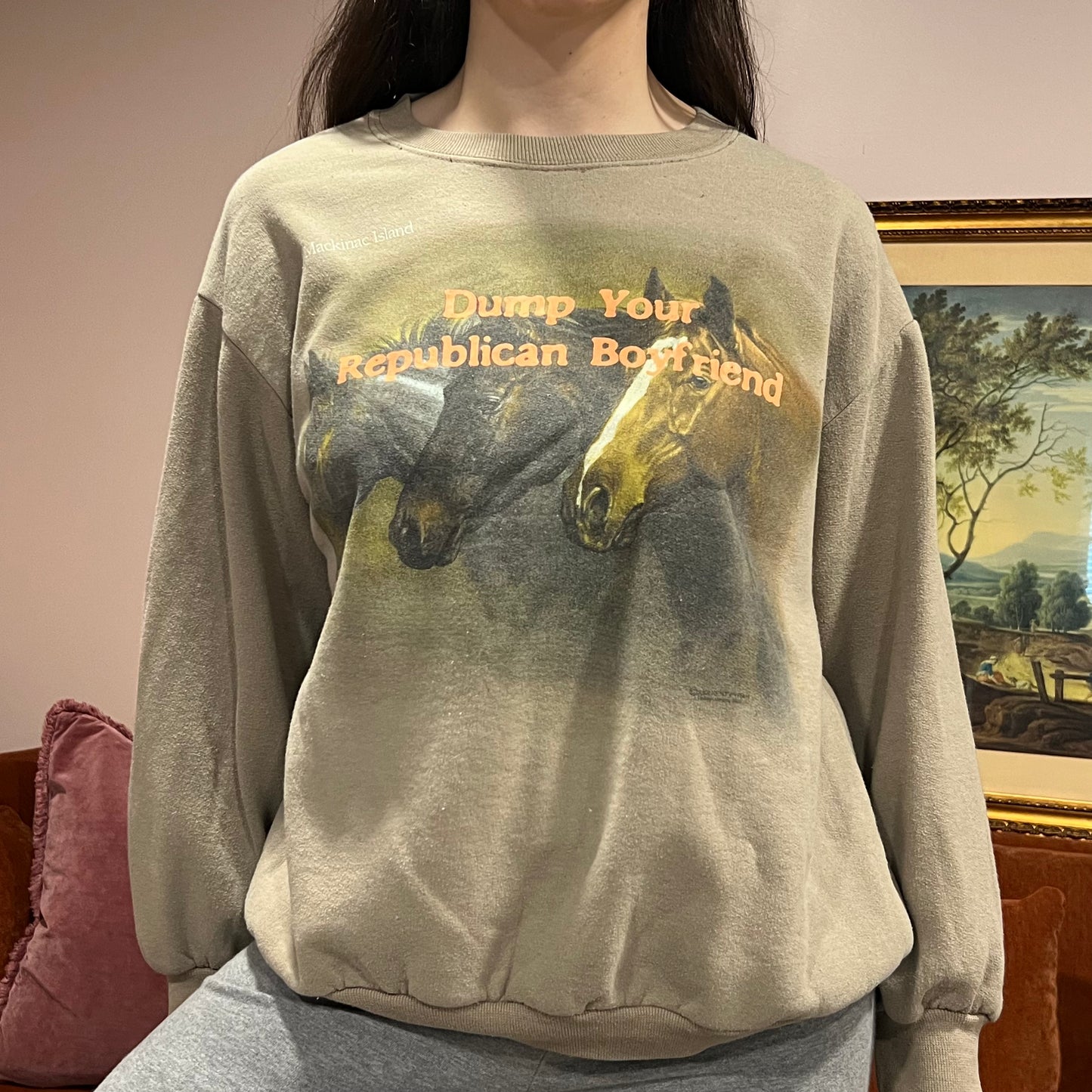 DUMP YOUR REPUBLICAN BOYFRIEND horse crewneck with orange text (XL)