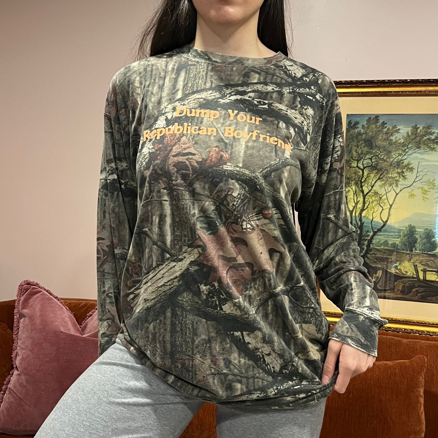 DUMP YOUR REPUBLICAN BOYFRIEND camo long sleeve t-shirt with orange text (XL)
