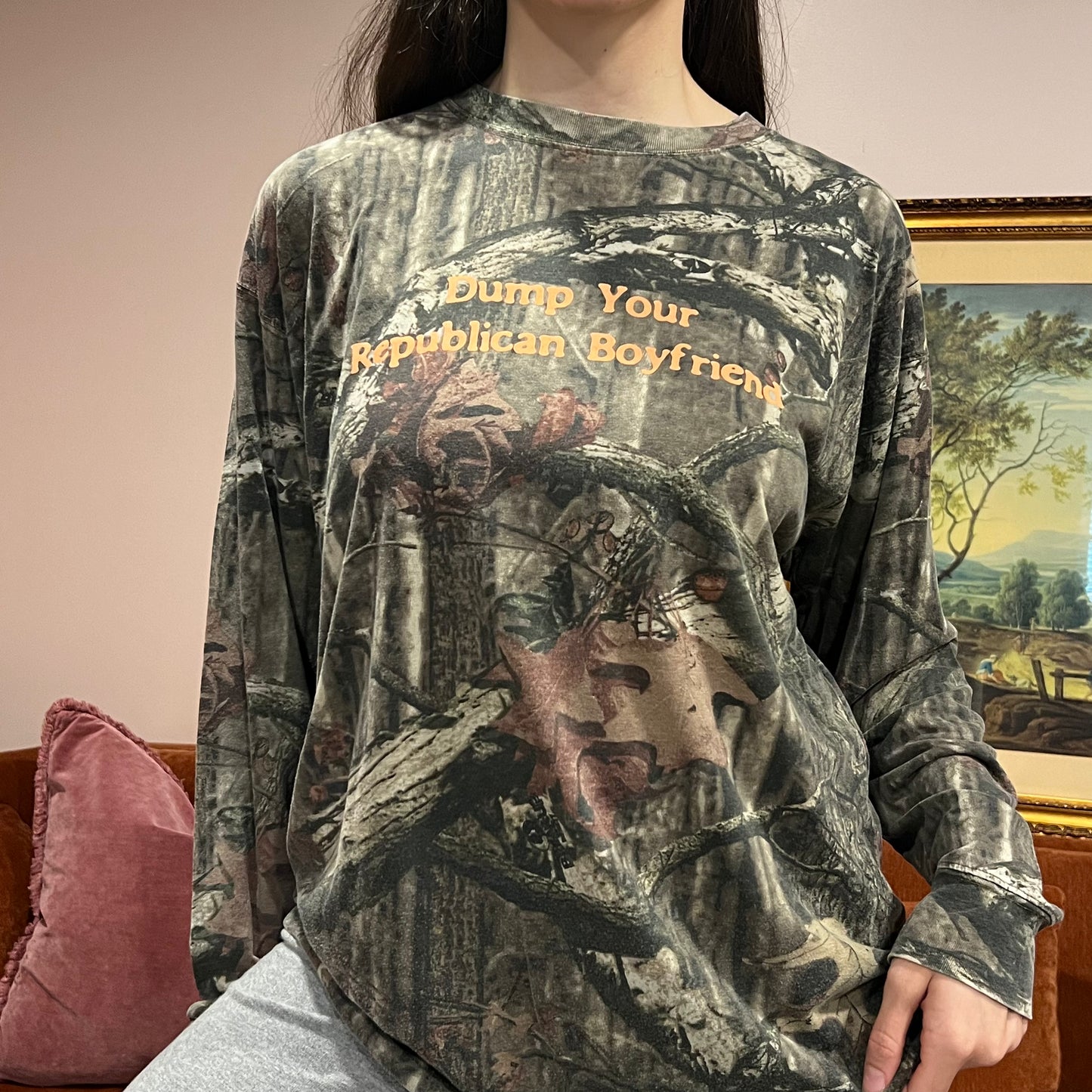 DUMP YOUR REPUBLICAN BOYFRIEND camo long sleeve t-shirt with orange text (XL)