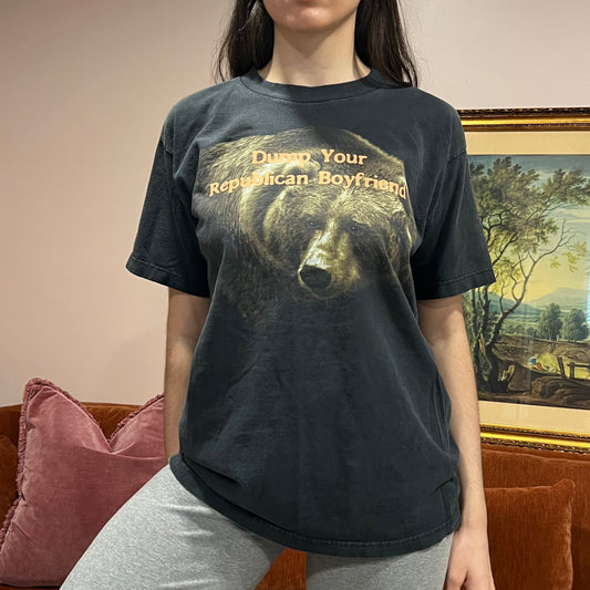 DUMP YOUR REPUBLICAN BOYFRIEND bear t-shirt with orange text (L)