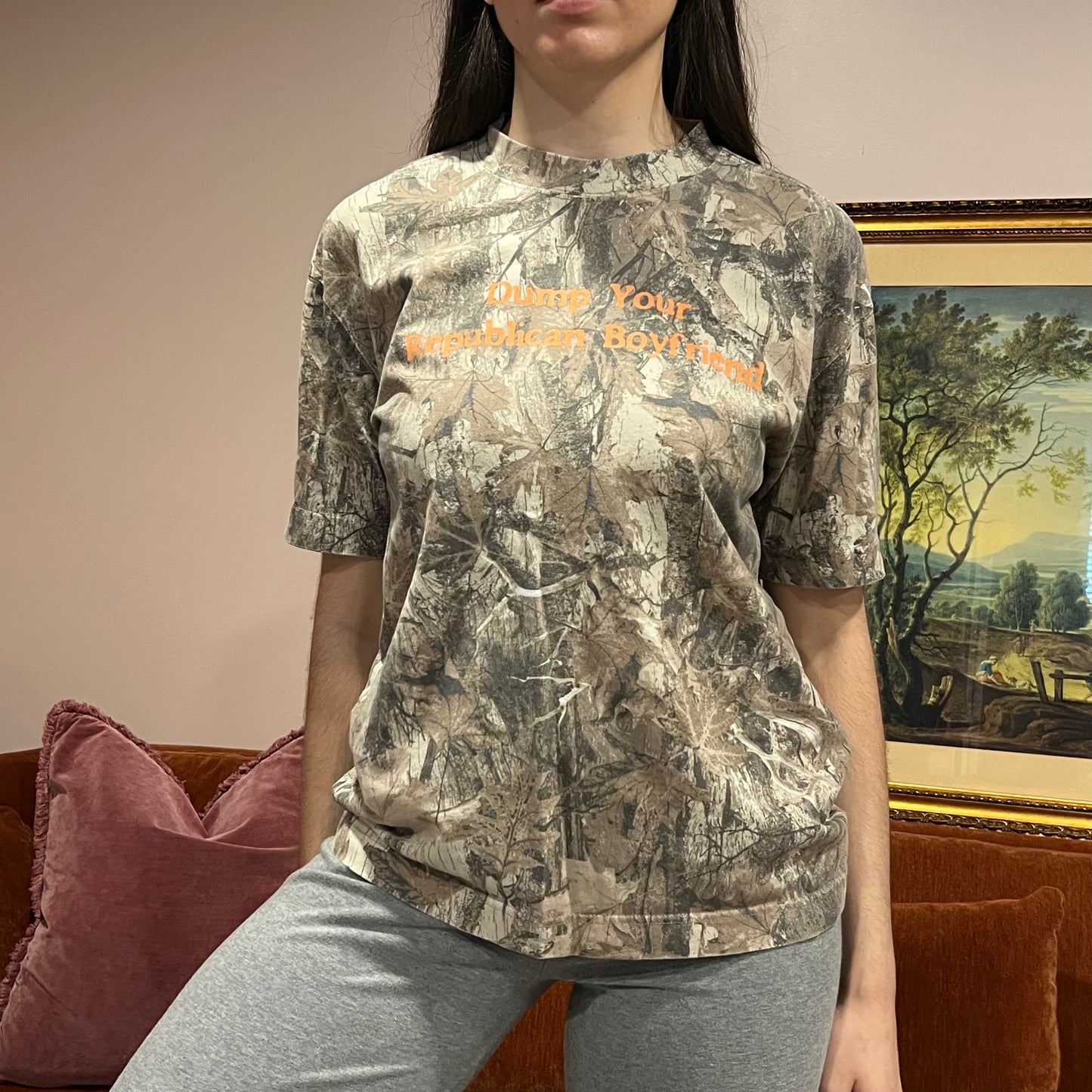 DUMP YOUR REPUBLICAN BOYFRIEND camo t-shirt with orange text (S)