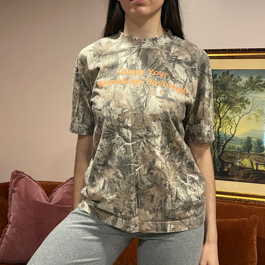 DUMP YOUR REPUBLICAN BOYFRIEND camo t-shirt with orange text (S)