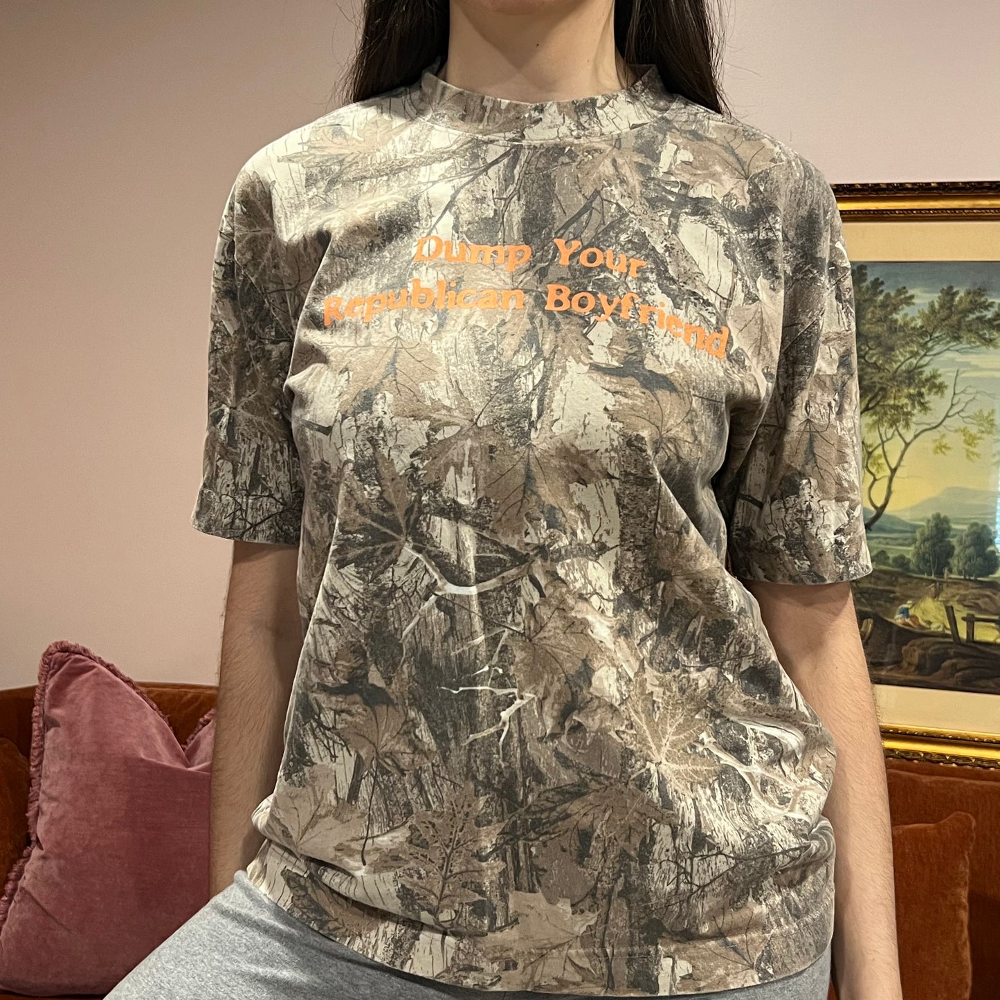 DUMP YOUR REPUBLICAN BOYFRIEND camo t-shirt with orange text (S)