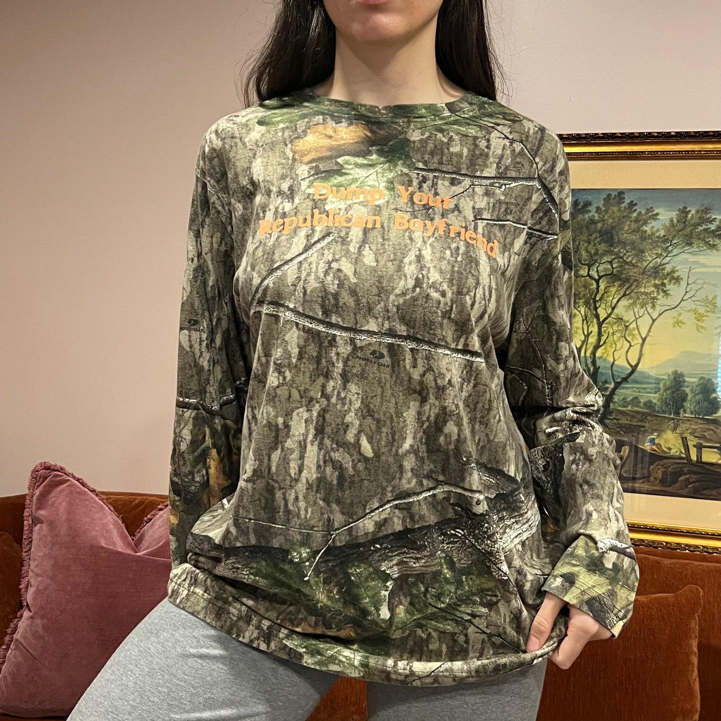 DUMP YOUR REPUBLICAN BOYFRIEND camo long sleeve t-shirt with orange text (XL)