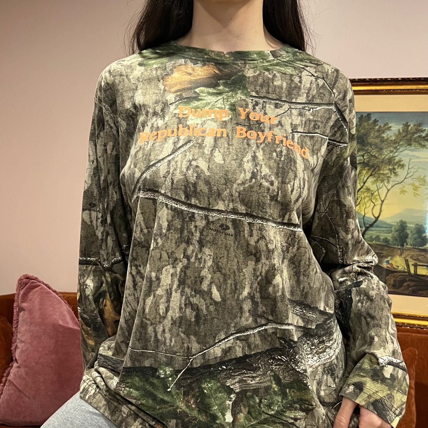 DUMP YOUR REPUBLICAN BOYFRIEND camo long sleeve t-shirt with orange text (XL)