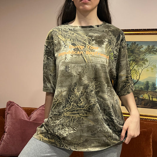 DUMP YOUR REPUBLICAN BOYFRIEND camo t-shirt with orange text (XL)
