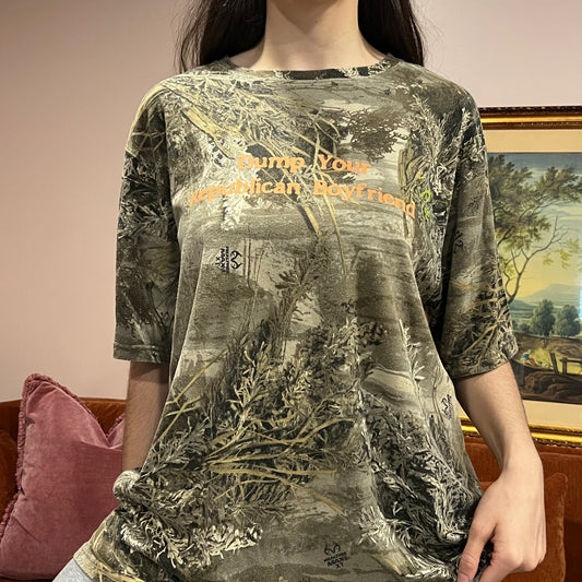 DUMP YOUR REPUBLICAN BOYFRIEND camo t-shirt with orange text (XL)