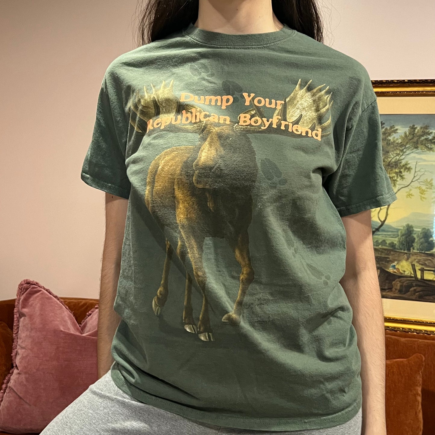 DUMP YOUR REPUBLICAN BOYFRIEND moose t-shirt with orange text (M)