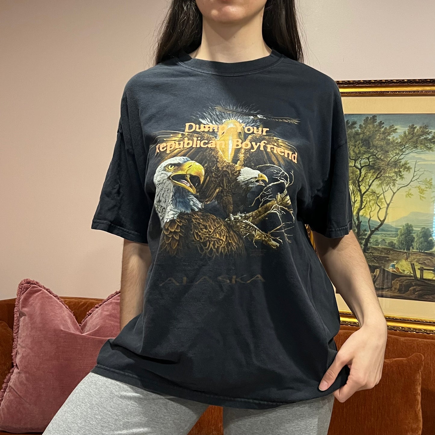 DUMP YOUR REPUBLICAN BOYFRIEND eagle t-shirt with orange text (XL)