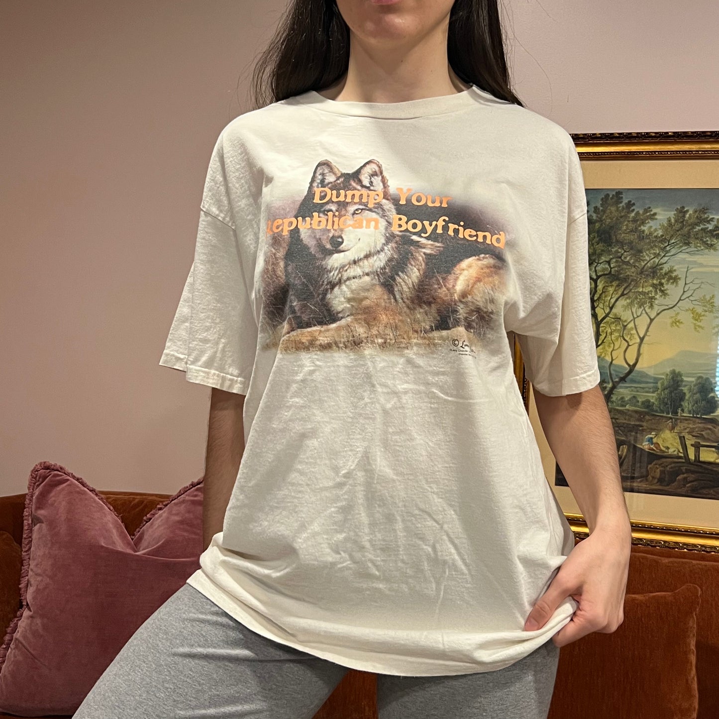 DUMP YOUR REPUBLICAN BOYFRIEND wolf t-shirt with orange text (XL)