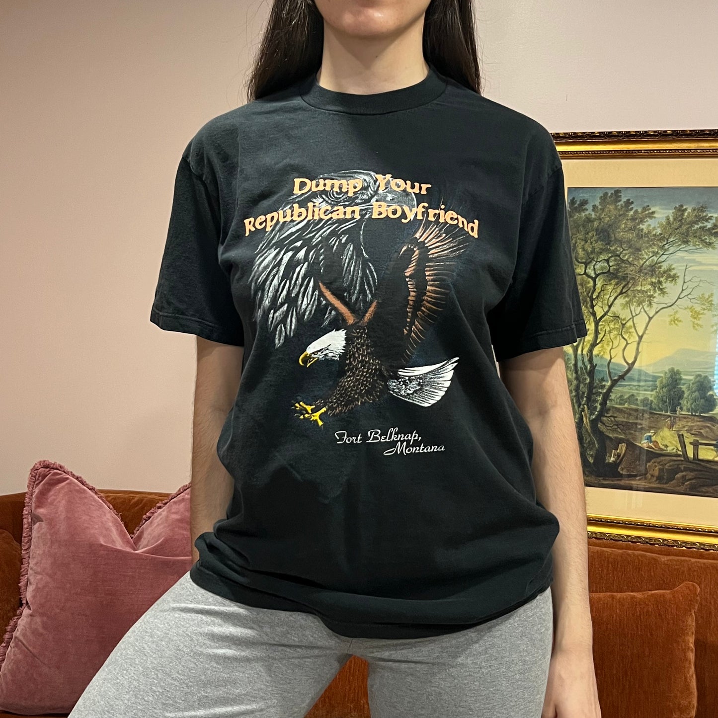 DUMP YOUR REPUBLICAN BOYFRIEND eagle t-shirt with orange text (L)