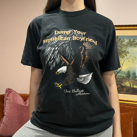 DUMP YOUR REPUBLICAN BOYFRIEND eagle t-shirt with orange text (L)