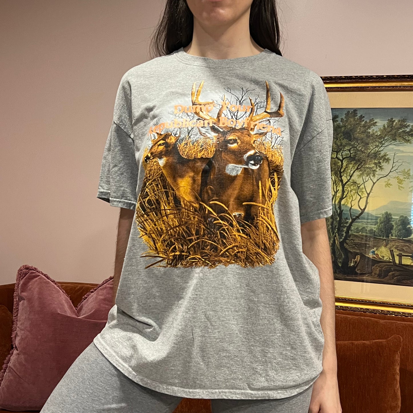 DUMP YOUR REPUBLICAN BOYFRIEND deer t-shirt with orange text (XL)