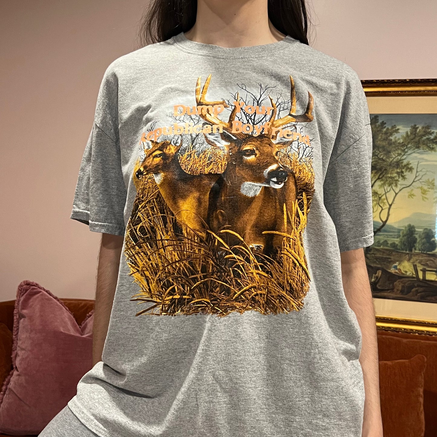 DUMP YOUR REPUBLICAN BOYFRIEND deer t-shirt with orange text (XL)