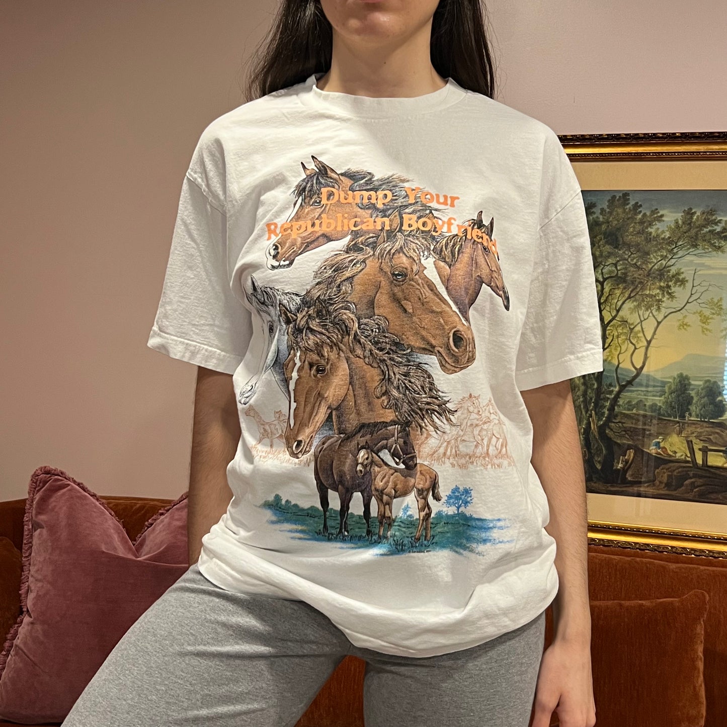 DUMP YOUR REPUBLICAN BOYFRIEND horse t-shirt with orange text (L)