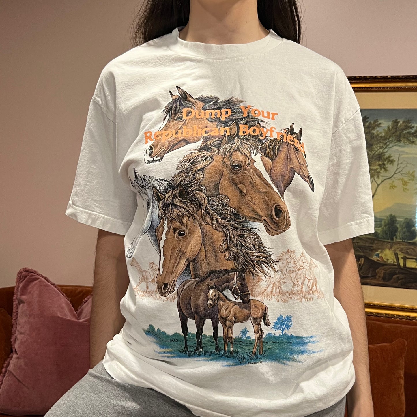DUMP YOUR REPUBLICAN BOYFRIEND horse t-shirt with orange text (L)