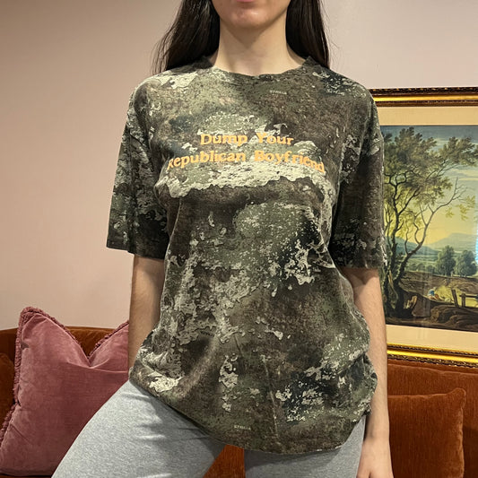 DUMP YOUR REPUBLICAN BOYFRIEND camo t-shirt with orange text (L)