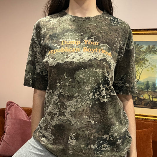 DUMP YOUR REPUBLICAN BOYFRIEND camo t-shirt with orange text (L)