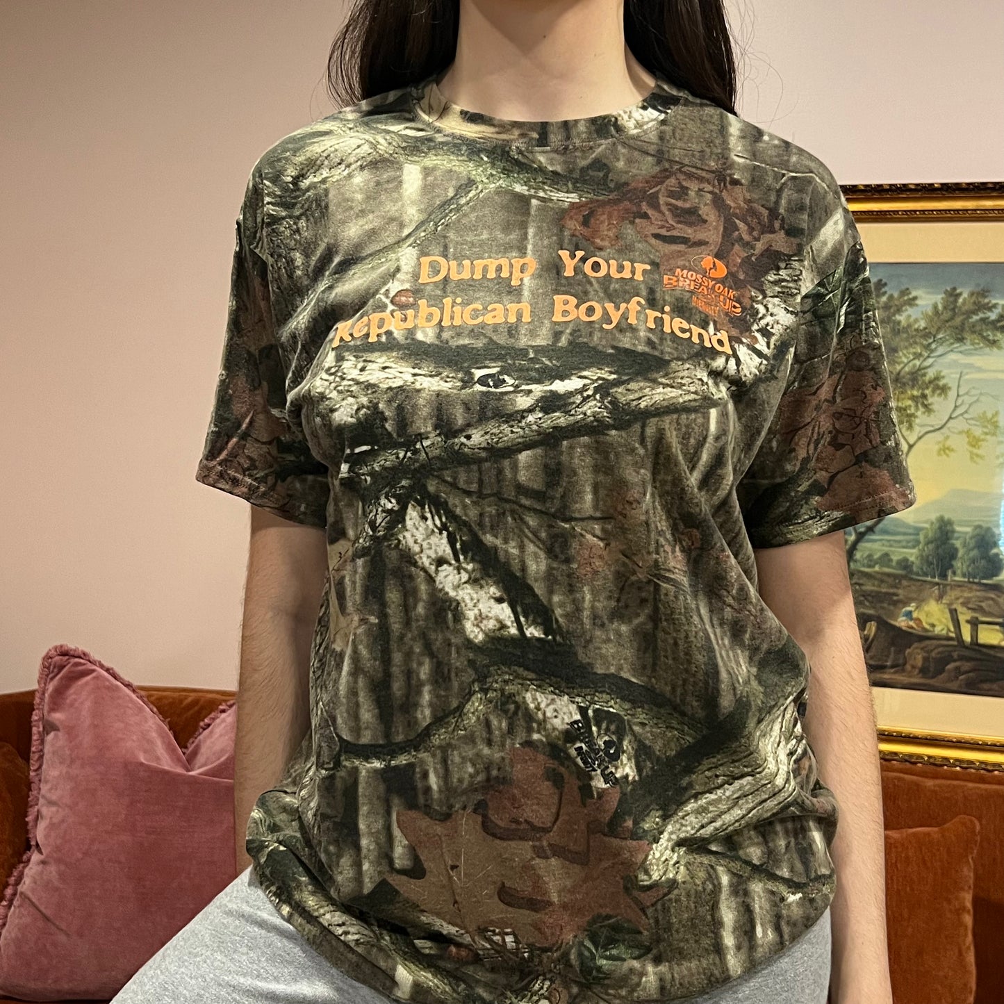 DUMP YOUR REPUBLICAN BOYFRIEND camo t-shirt with orange text (L)