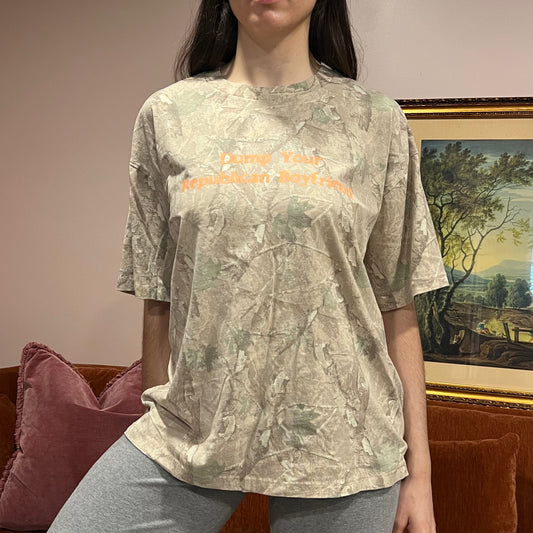 DUMP YOUR REPUBLICAN BOYFRIEND camo t-shirt with orange text (L)